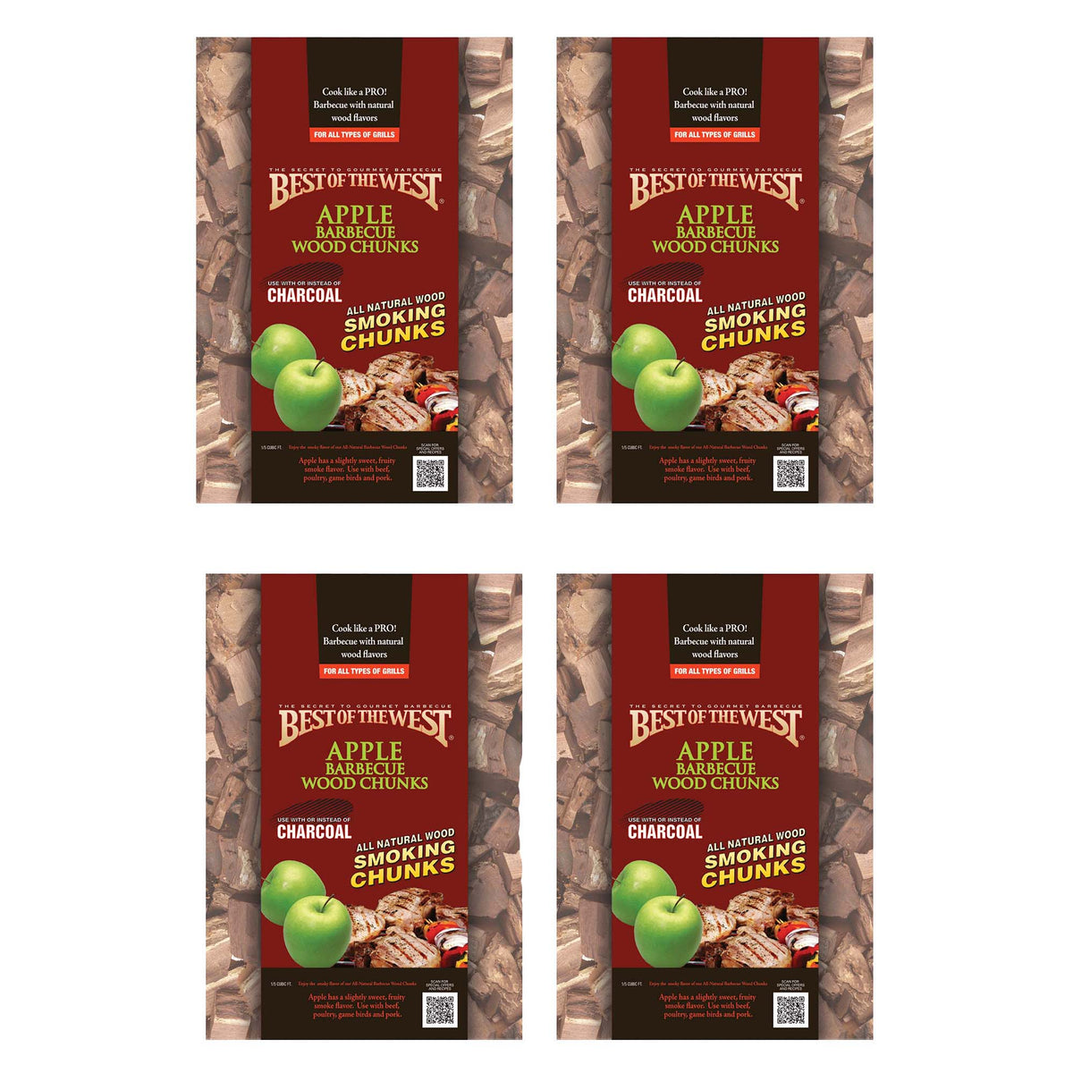Best of the West 1/5 Cu. Ft. Bag of Natural Smoking Wood Chunks, Apple (4 Pack)