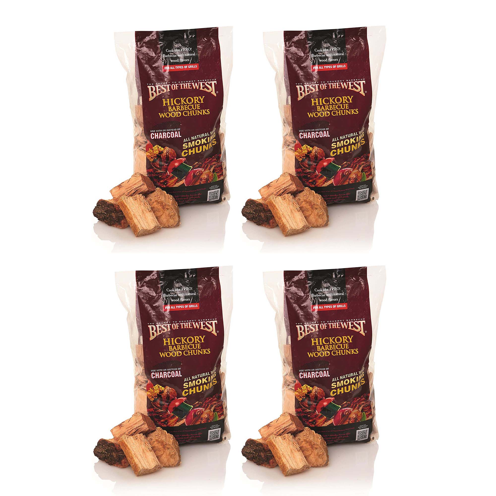 Best of the West 1/5 Cu Ft Bag of Natural Smoking Wood Chunks, Hickory (4 Pack)