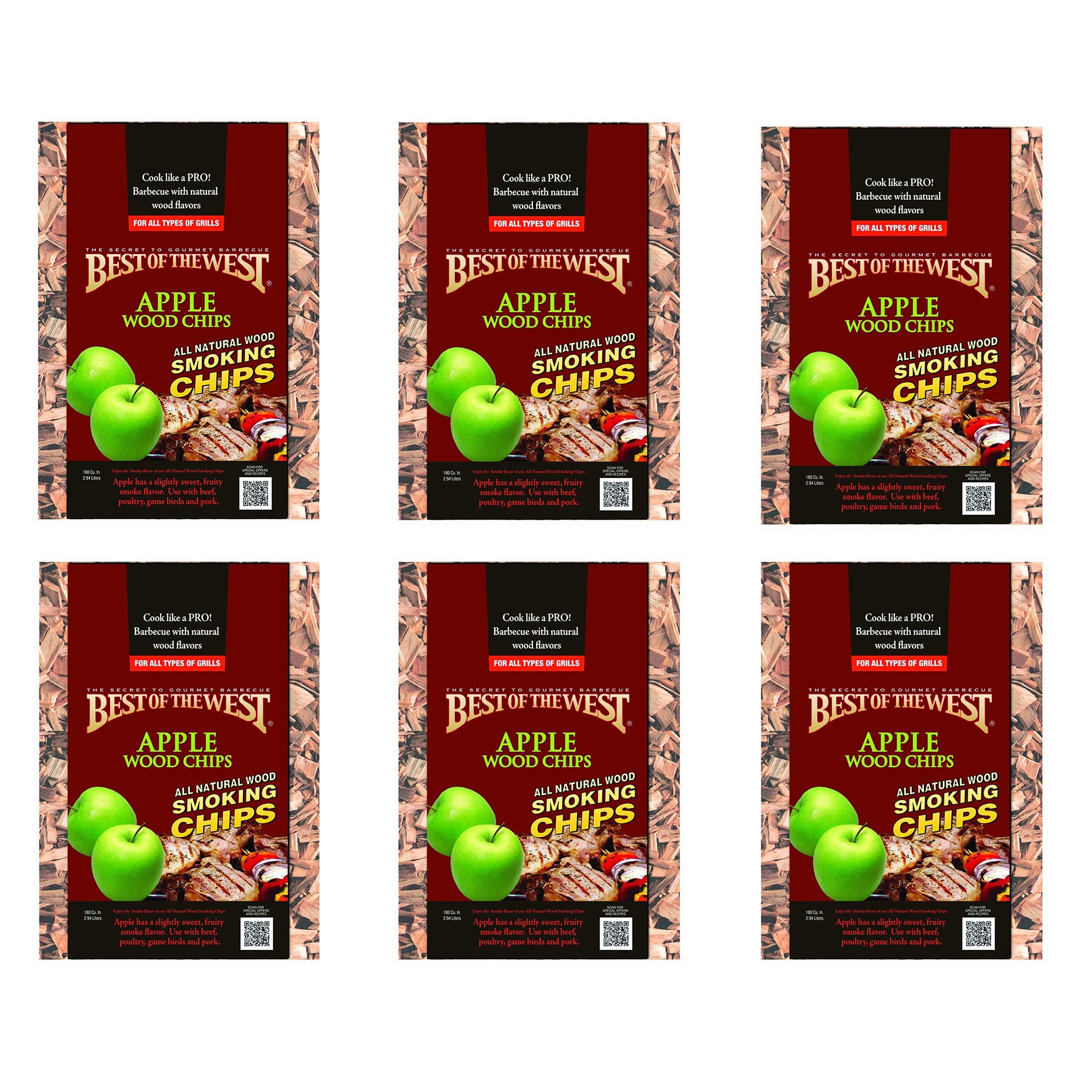 Best of the West All Natural BBQ Apple Wood Smoking Chips, 180 Cu Inch (6 Pack) - VMInnovations