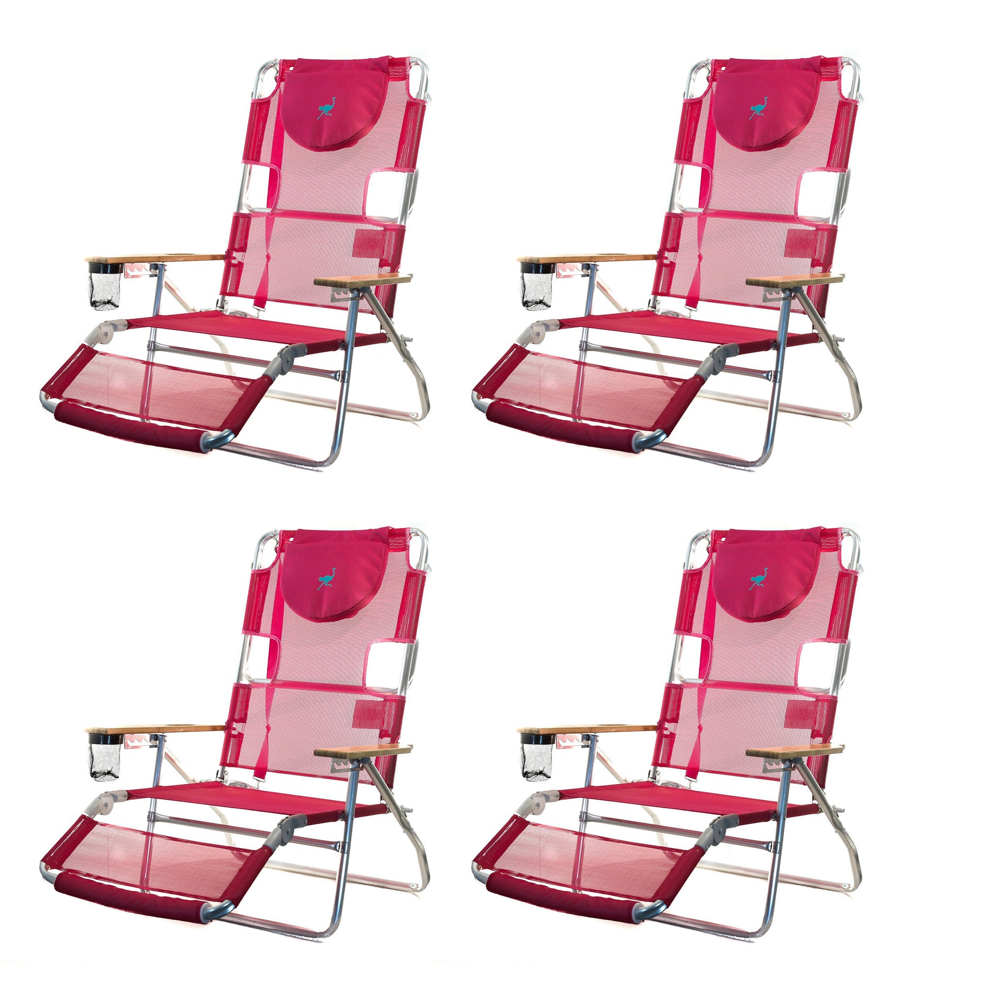 Ostrich 3-N-1 Light Aluminum Multi-Position Reclining Beach Chair, Pink (4 Pack)