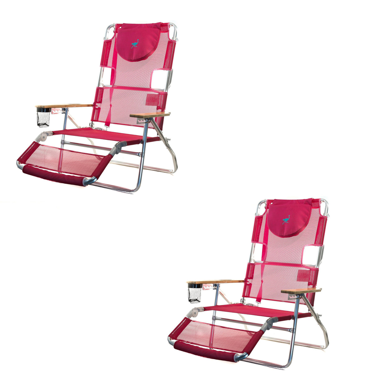 Ostrich 3-N-1 Light Aluminum Multi-Position Reclining Beach Chair, Pink (2 Pack)