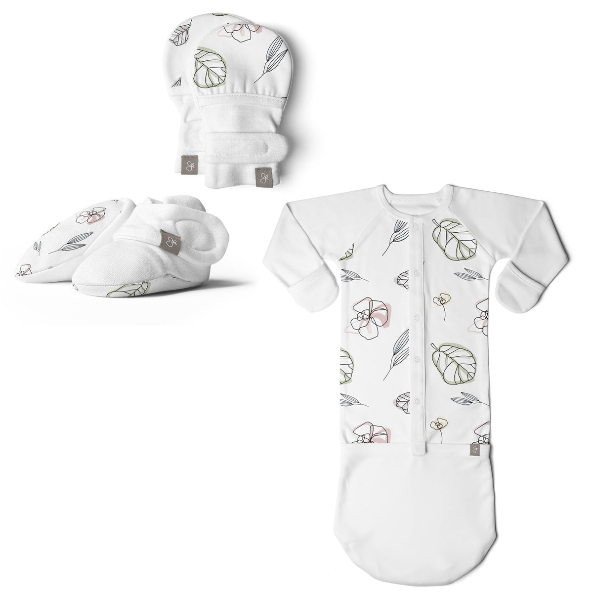 Goumikids Soft Organic Baby Sleeper Gown, Mitt, and Bootie Bundle, 0-3M Floral - VMInnovations