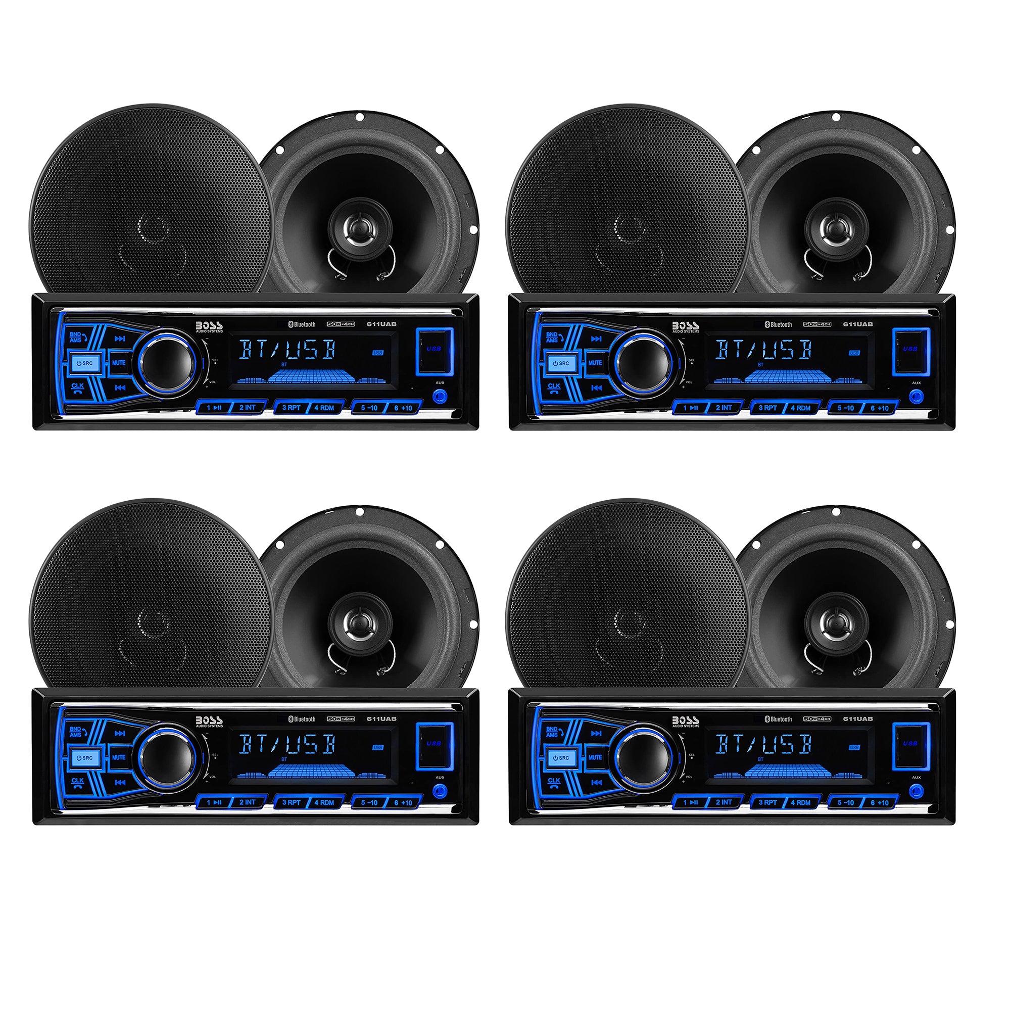 BOSS Audio Single DIN Bluetooth Stereo System w/Full Range Speaker Pair (4 Pack)