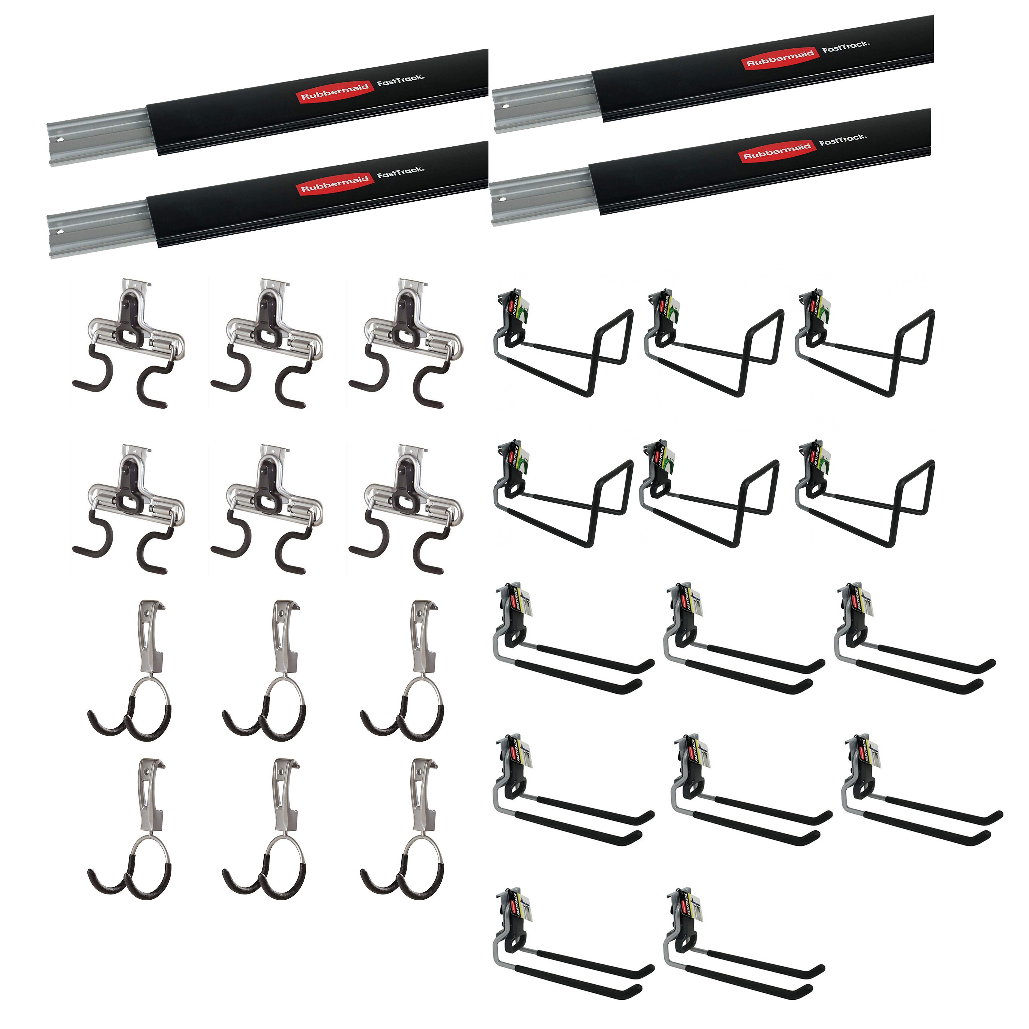 Rubbermaid 4 FastTrack Wall Mounted Storage Rails + Organizing Hook Assortment - VMInnovations