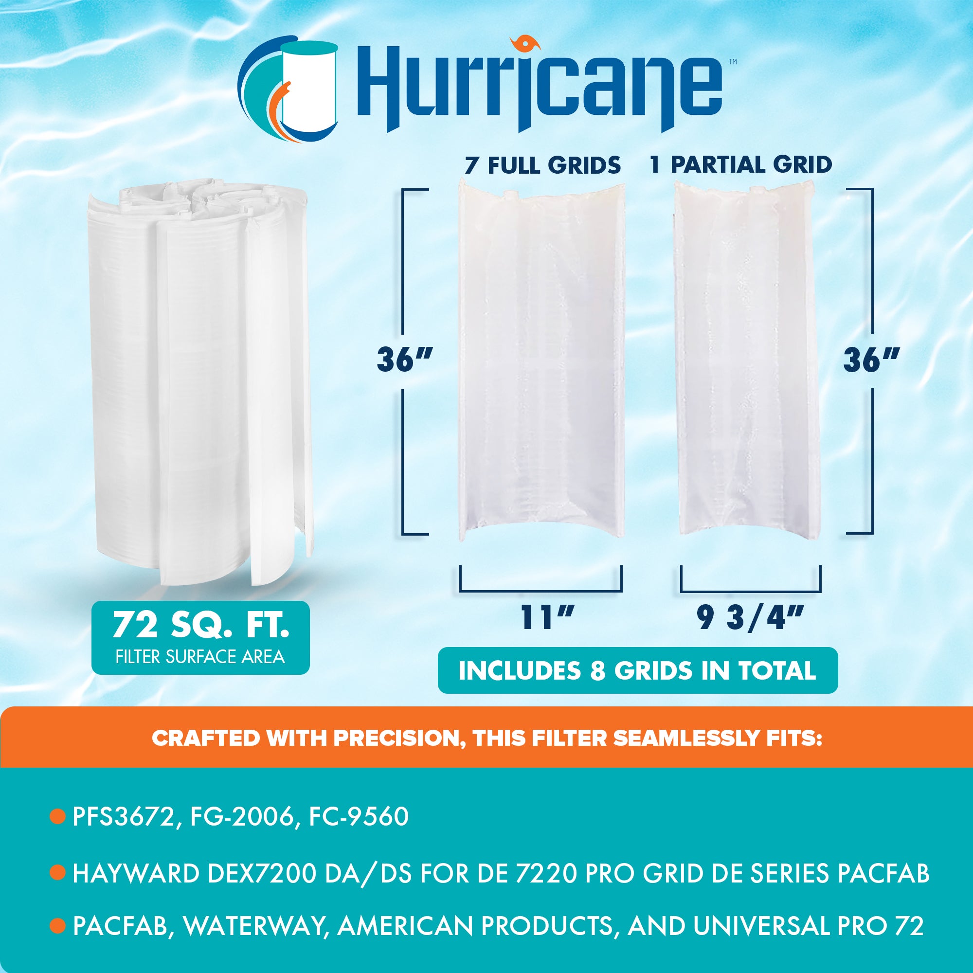 Hurricane HF-DE72-SET 72 sq ft DE Grid Filter Replacement with 7 Full Grids - VMInnovations