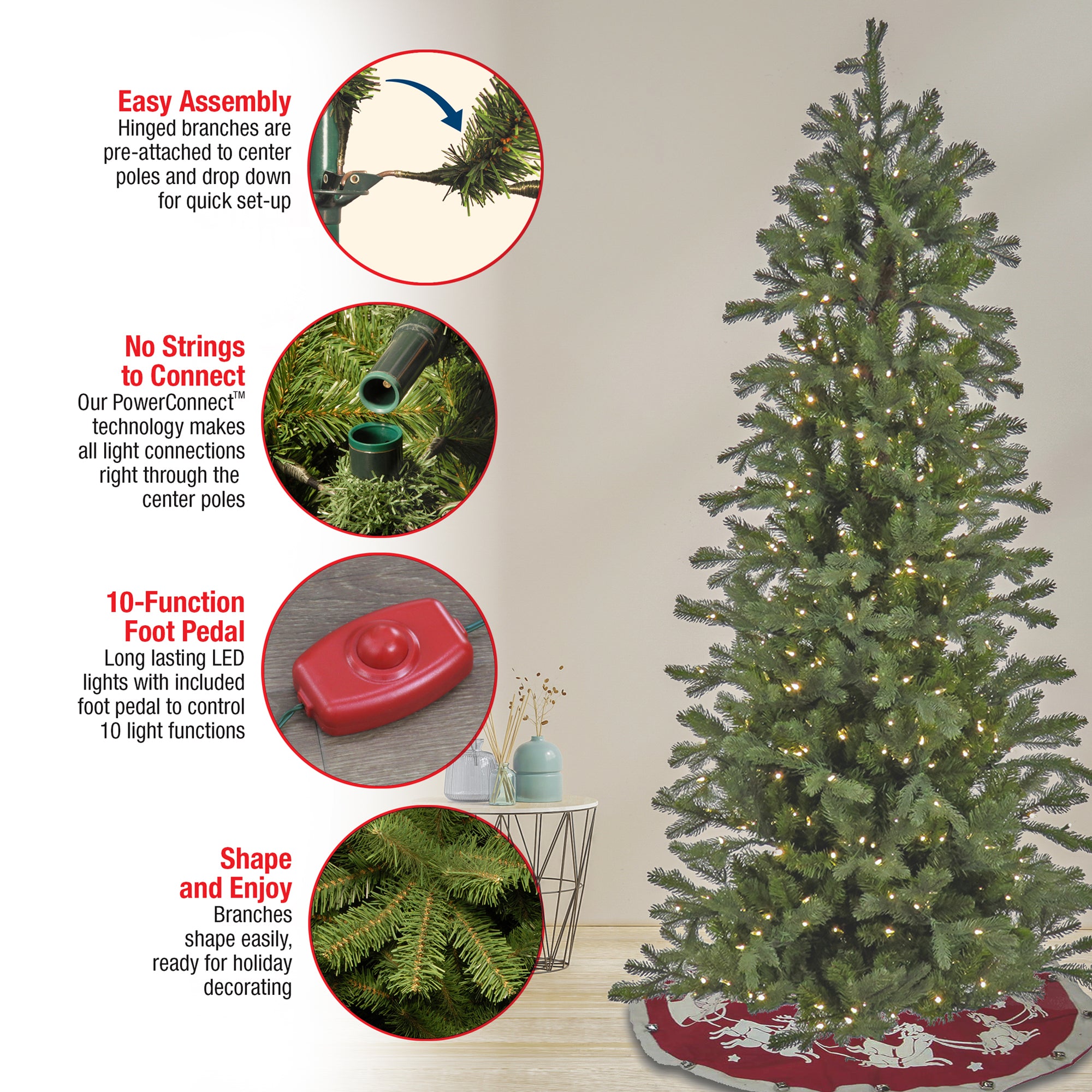 HGTV Home Collection Pre-Lit Artificial Slim Balsam Christmas Tree with PowerConnect LED Lights, Hinged Branches, Plug In, 7.5ft