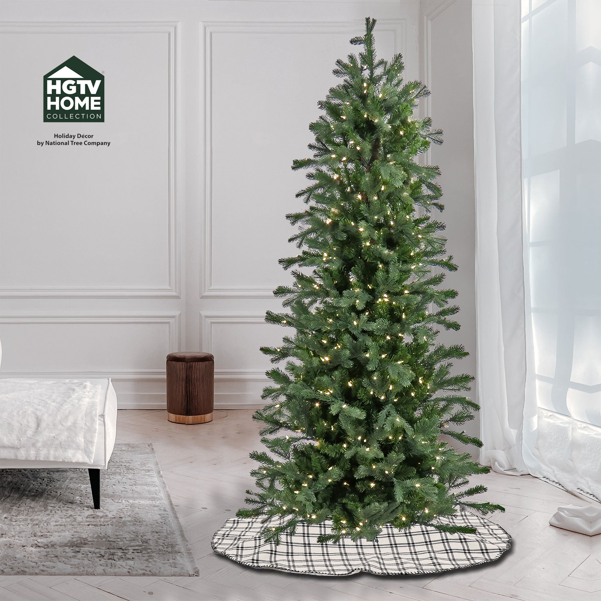 HGTV Home Collection Pre-Lit Artificial Slim Balsam Christmas Tree with PowerConnect LED Lights, Hinged Branches, Plug In, 7.5ft