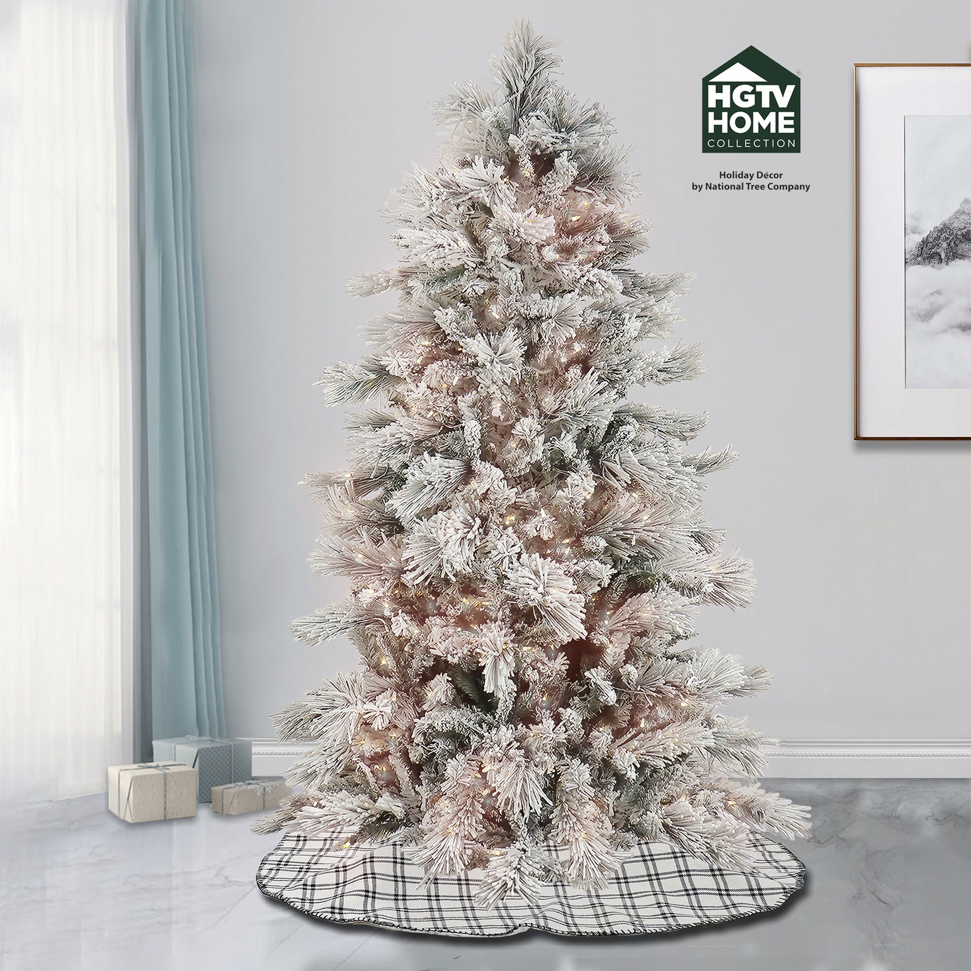 HGTV Home Collection Pre-Lit Artificial Slim Flocked Bavarian Pine Tree with PowerConnect LED Lights, Hinged Branches, Plug In, 6.5ft