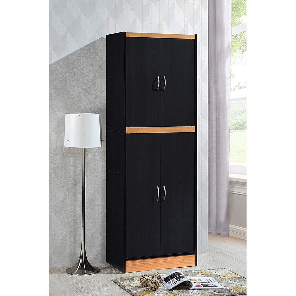 Hodedah HI224 4-Door 4-Shelve 5-Compartments Storage Kitchen Pantry, Black Beech
