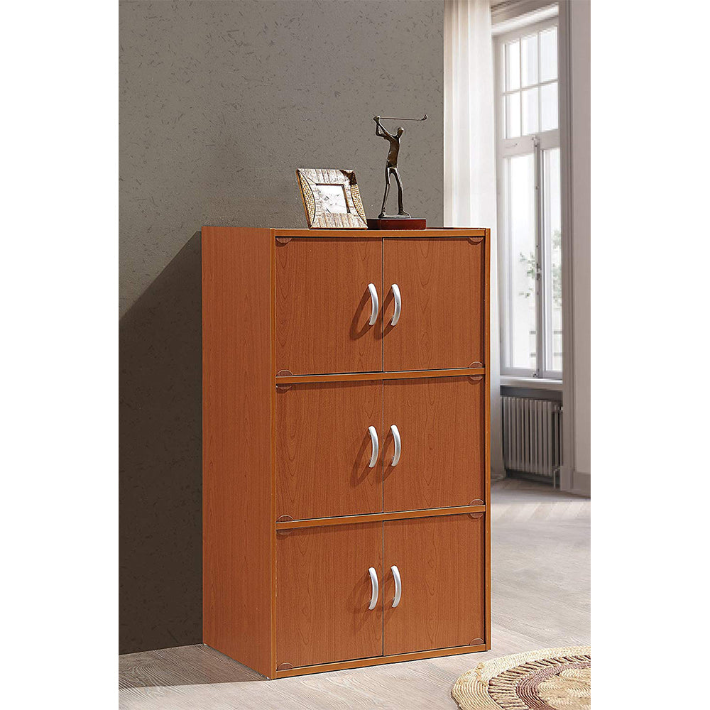 Hodedah Home 6-Door 3-Shelves Bookcase Enclosed Cabinet, Cherry (Open Box)