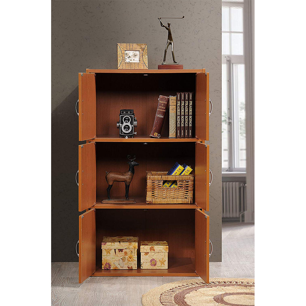 Hodedah Home 6-Door 3-Shelves Bookcase Enclosed Cabinet, Cherry (Open Box)