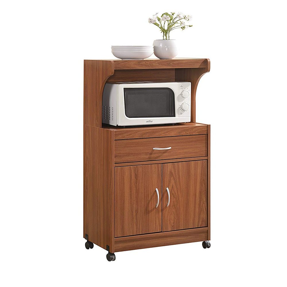 Hodedah Kitchen Dining Room Microwave Shelf Storage Cart with Wheels, Cherry