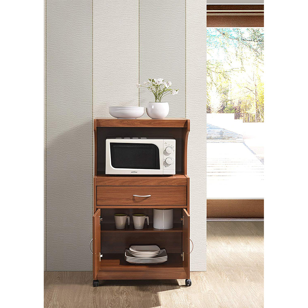Hodedah Kitchen Dining Room Microwave Shelf Storage Cart with Wheels, Cherry