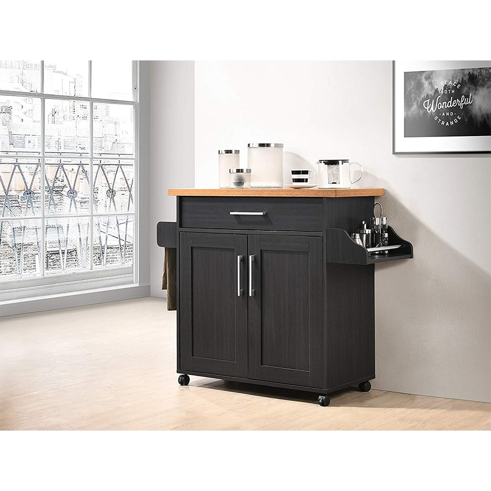 Hodedah Wheeled Kitchen Island with Spice Rack and Towel Holder, Black/Beech - VMInnovations