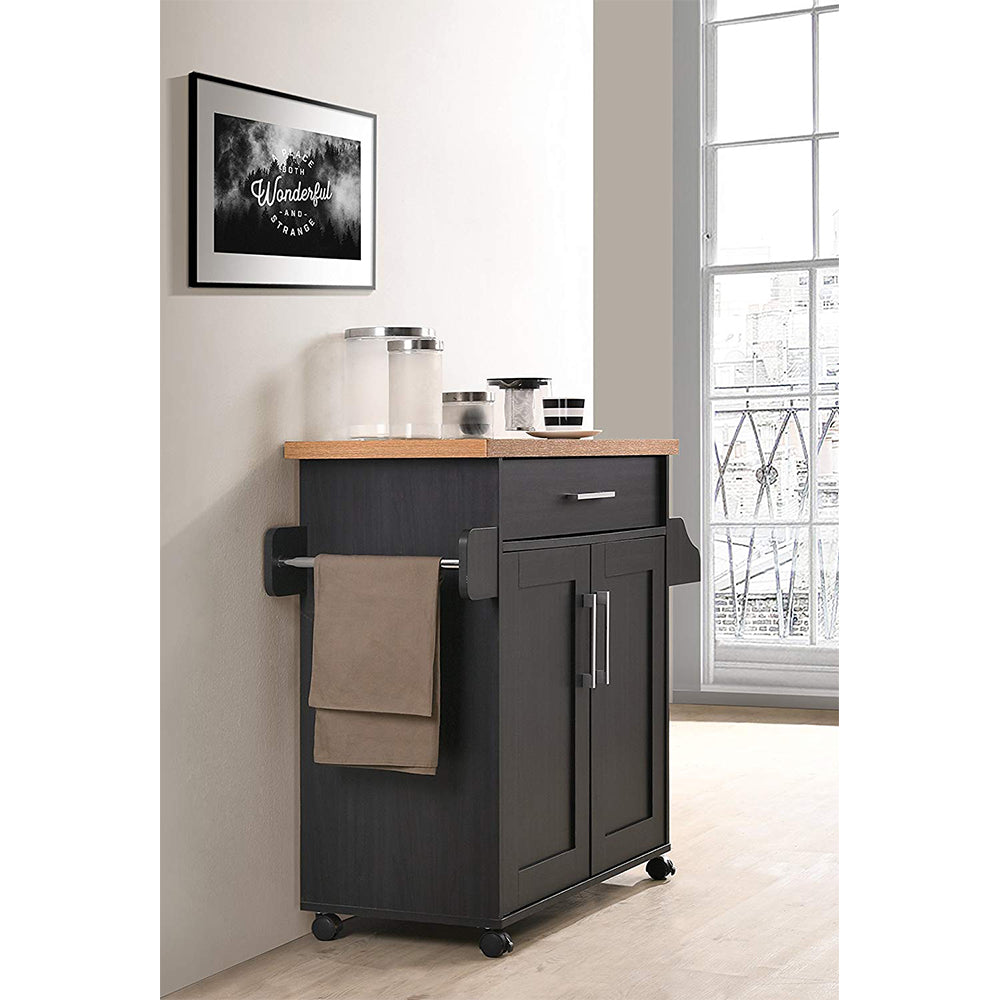 Hodedah Wheeled Kitchen Island with Spice Rack and Towel Holder, Black/Beech - VMInnovations