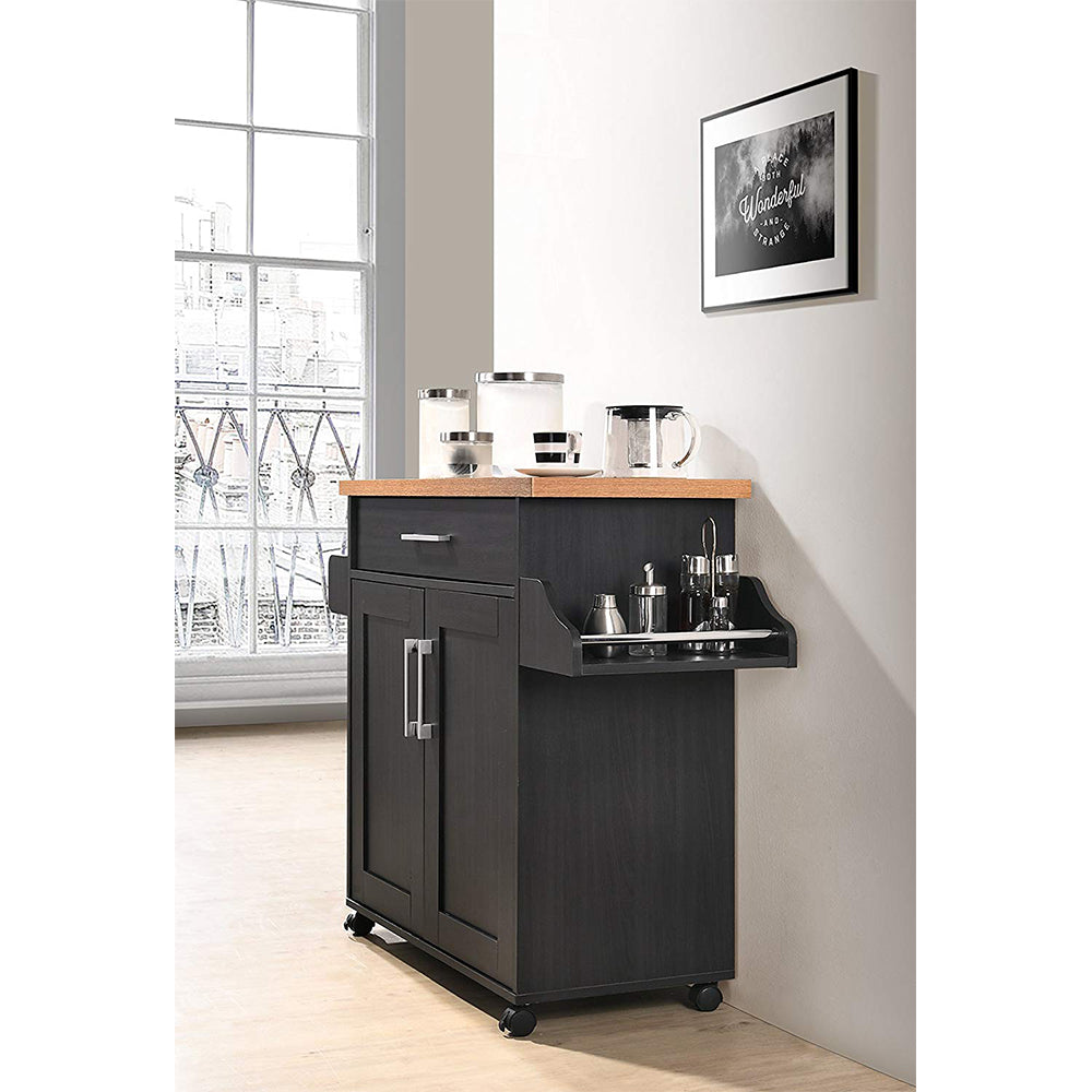 Hodedah Wheeled Kitchen Island with Spice Rack and Towel Holder, Black/Beech - VMInnovations