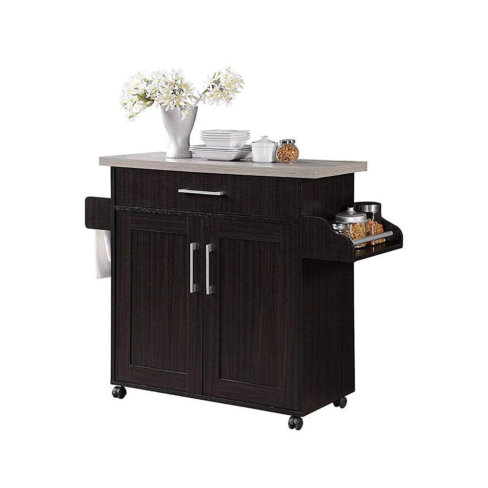 Hodedah Wheeled Kitchen Island with Spice Rack, Chocolate/Gray (For Parts)