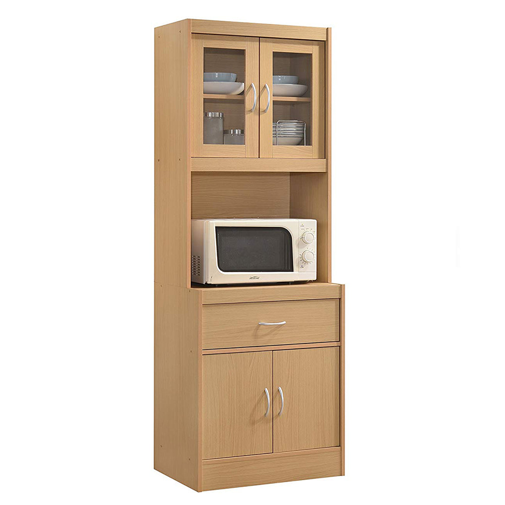 Hodedah Freestanding Kitchen Storage Cabinet w/ Open Space for Microwave, Beech (Refurbished)