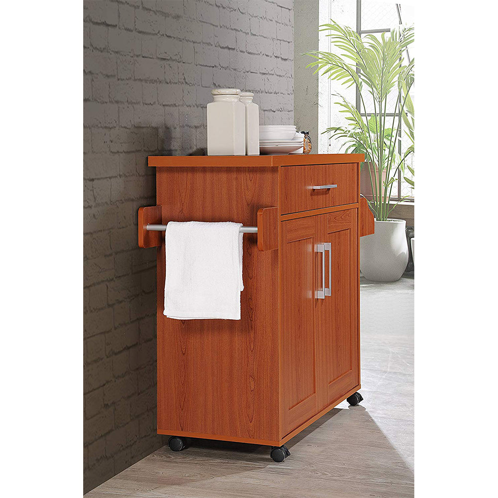 Hodedah Wheeled Kitchen Island Cart with Spice Rack and Towel Holder, Cherry
