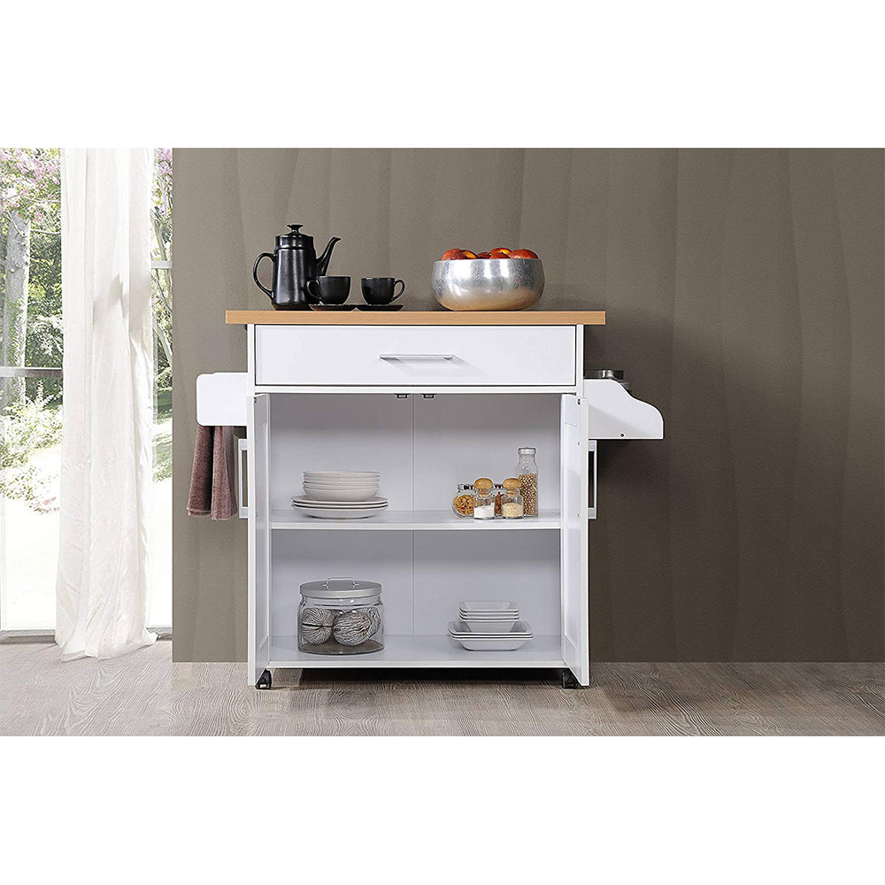 Hodedah Wheeled Kitchen Island w/Spice Rack & Towel Holder, White/Beech (Used) - VMInnovations