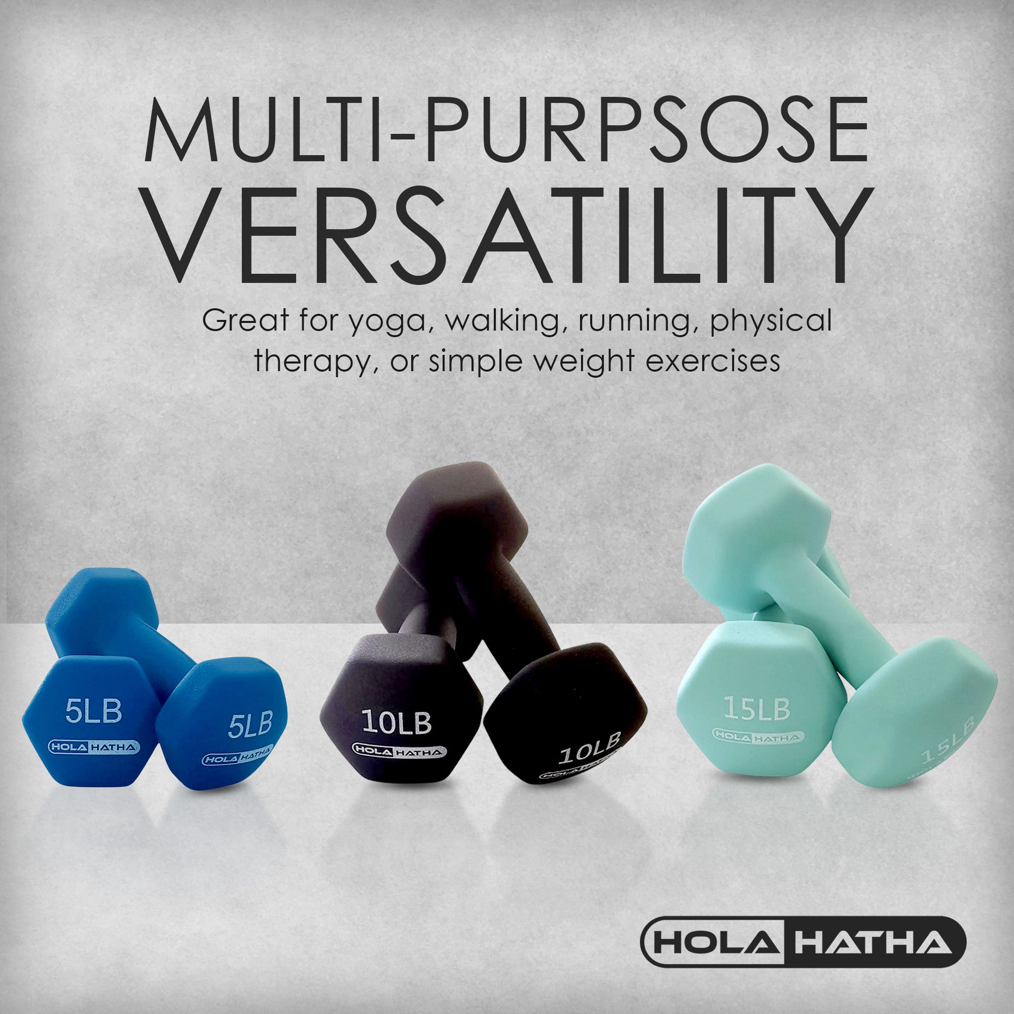 HolaHatha 5, 10, and 15 LB Neoprene Dumbbell Free Hand Weight Set w/ Rack, Multi