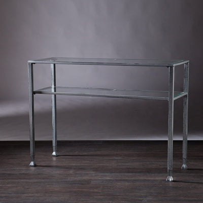 SEI Furniture Jaymes Distressed Metal Console Table with Glass Shelf, Silver