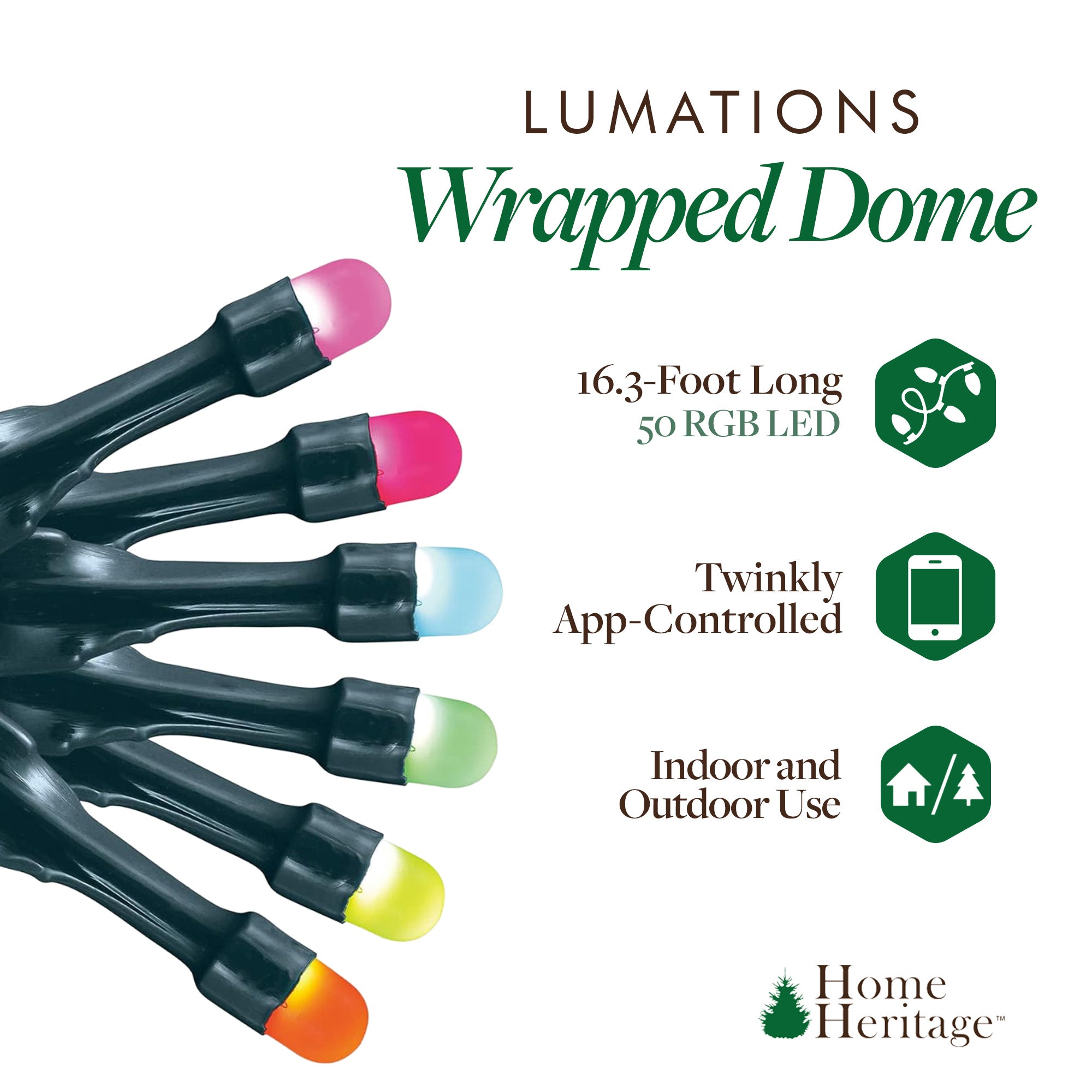 Home Heritage 16.3' Wrapped Dome Holiday Lights, App Control, 50 RGB LEDs,3 Pack