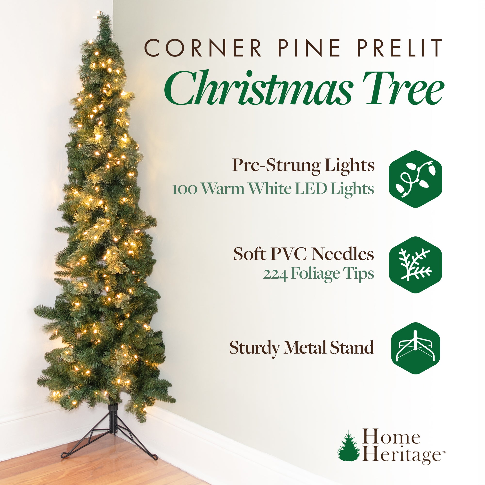 Home Heritage Corner 5 Foot 100 LED Pre-Lit Artificial Christmas Tree, Green
