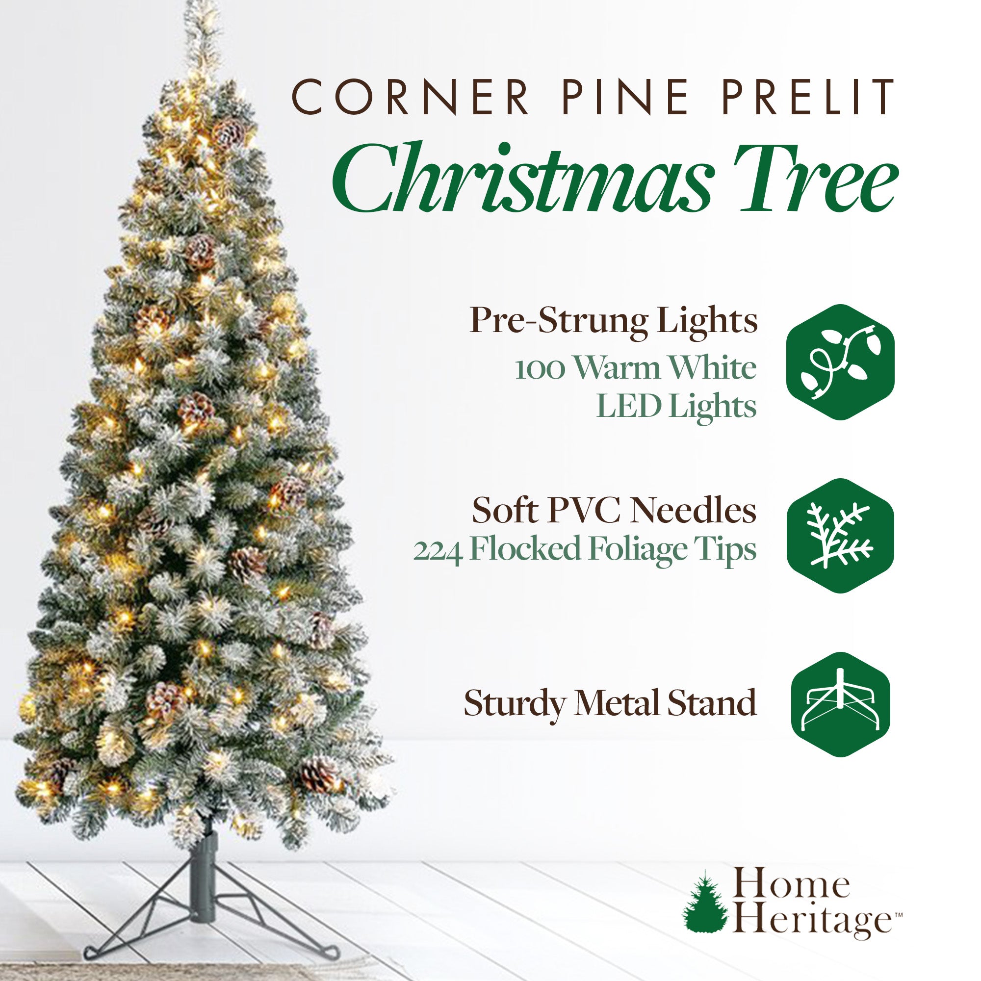 Home Heritage Corner 5' Flocked 100 LED Pre-Lit Artificial Christmas Tree, Green