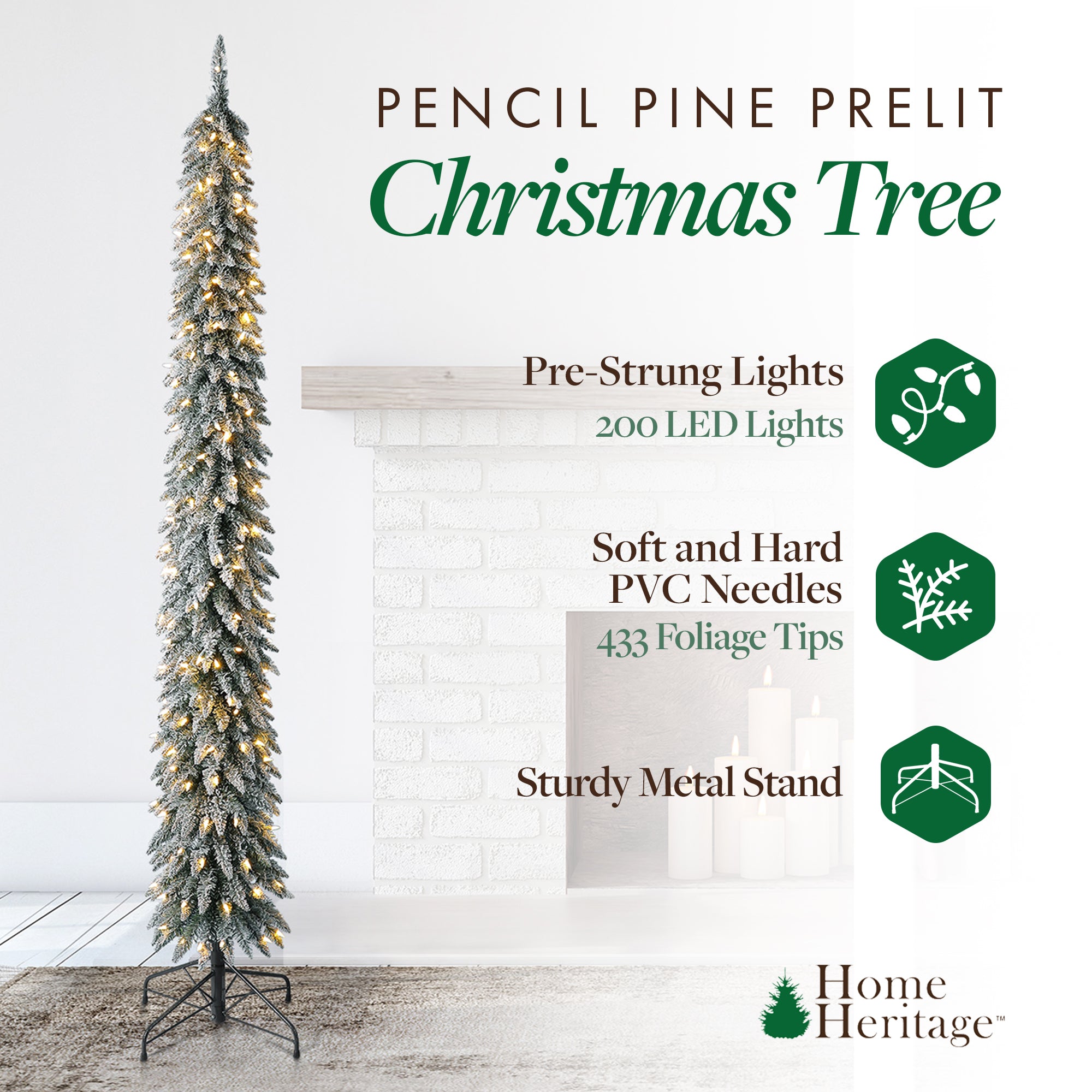 Home Heritage Albert 7' Flocked Pencil 200 LED Pre-Lit Artificial Christmas Tree
