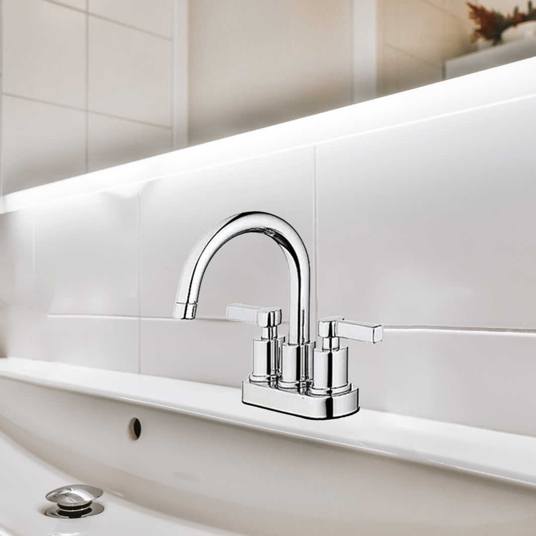 HomePointe Mid Arch Double Handle Lavatory Faucet with Pop Up, Chrome Finish - VMInnovations