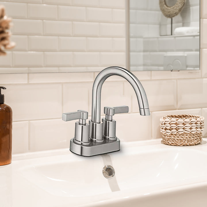 HomePointe Mid-Arch Double Handle Lavatory Faucet with Pop-Up, Brushed Nickel - VMInnovations