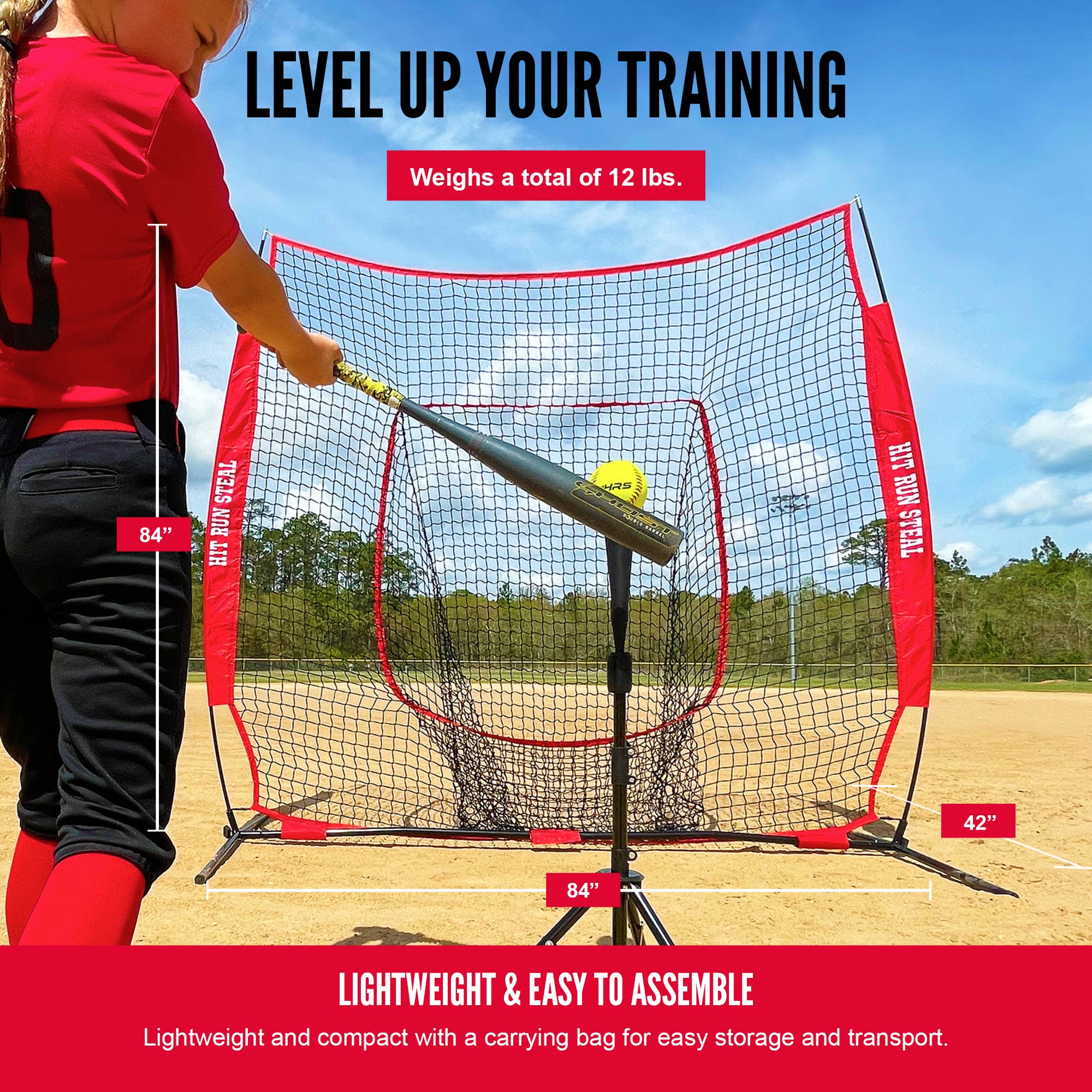 Hit Run Steal Heavy Duty Softball Baseball Net with Carrying Bag for Sports, Red - VMInnovations