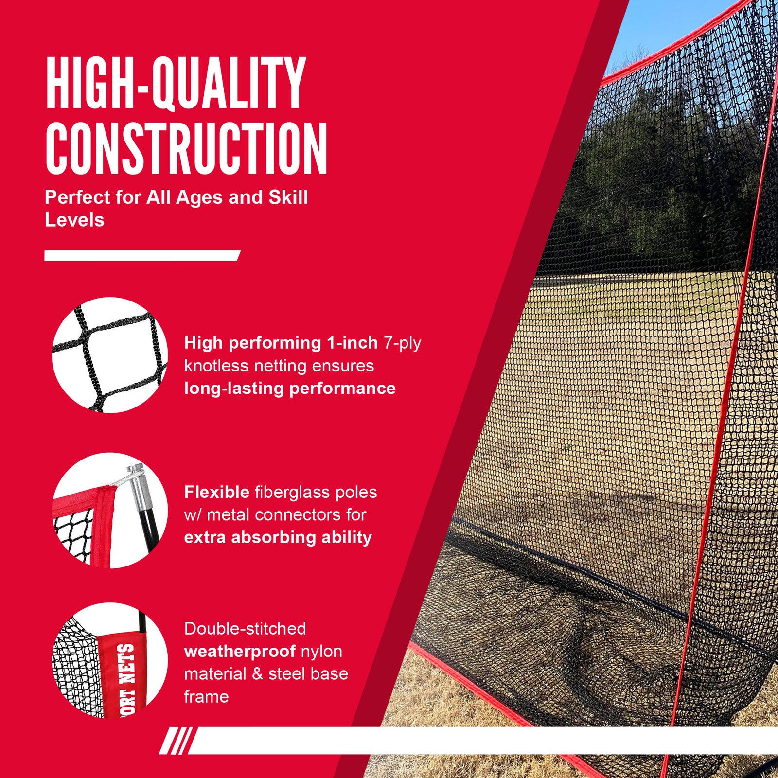 Hit Run Steal 10 x 7 Feet Golf Hitting Net for Indoor/Outdoor Use, Red/Black - VMInnovations