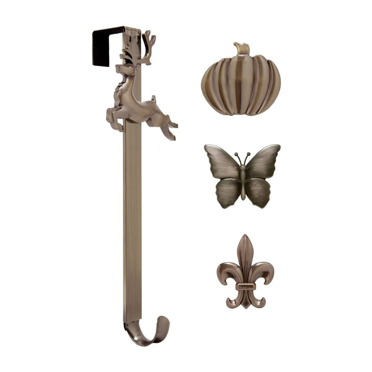 Haute Decor Adjustable Length Wreath Hanger with Reindeer Icon and More, Bronze