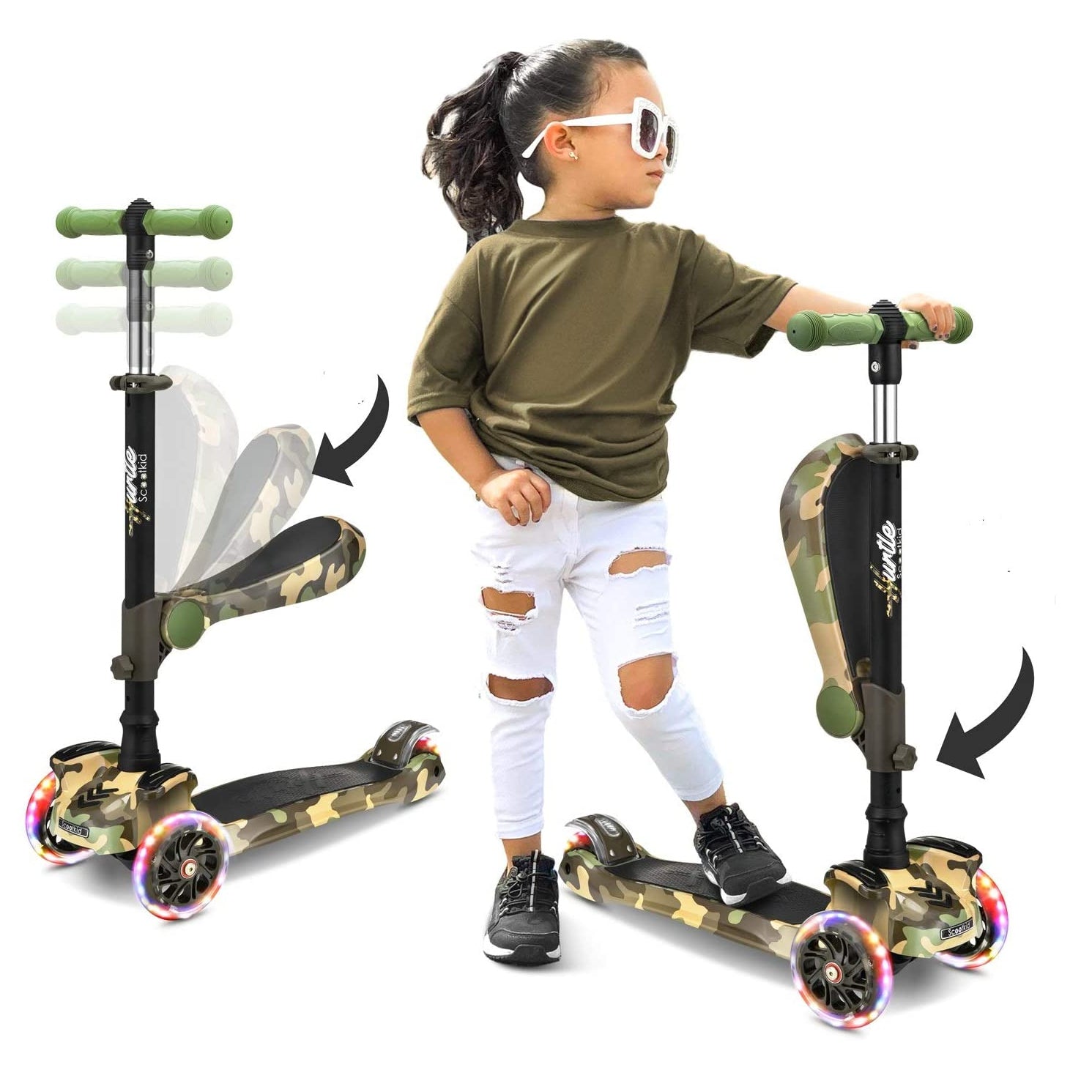 Hurtle ScootKid 3 Wheel Child Toddler Toy Scooter with LED Wheel Lights, Camo - VMInnovations