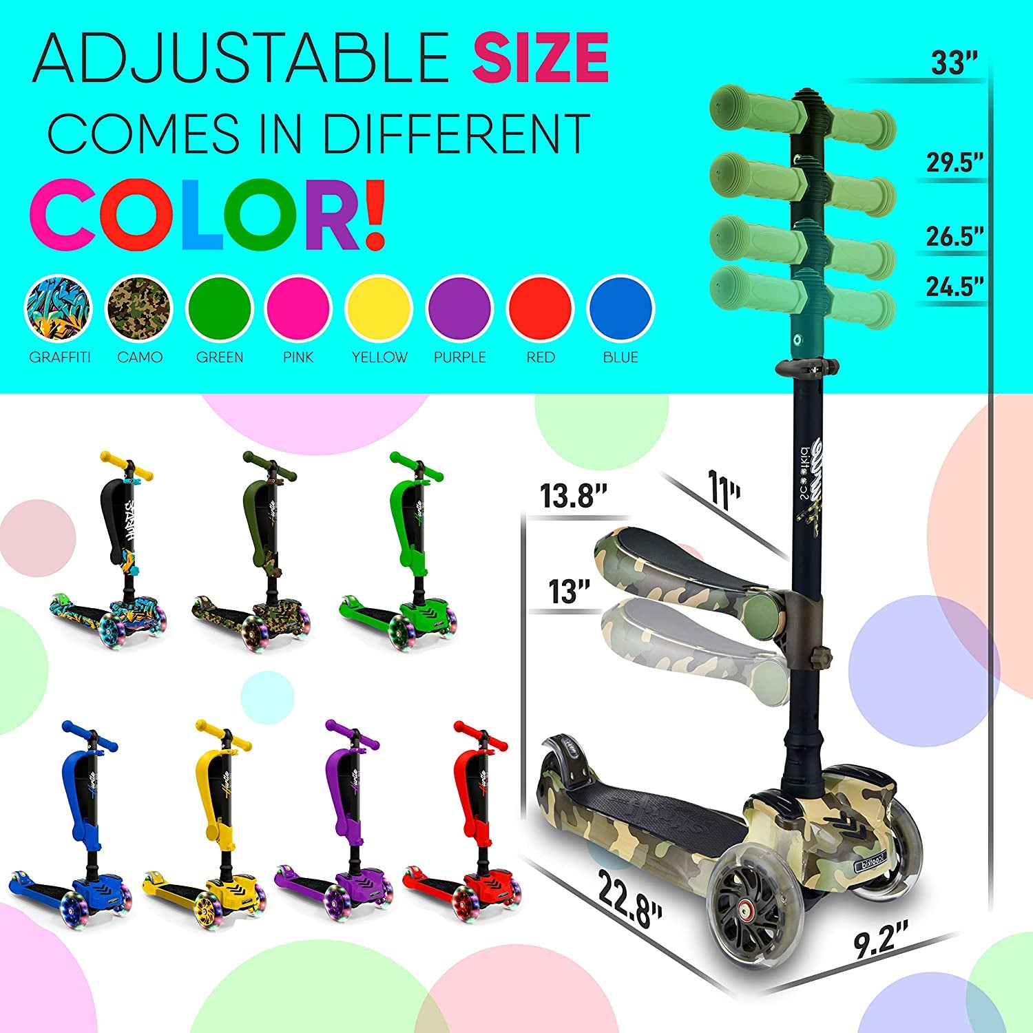 Hurtle ScootKid 3 Wheel Child Toddler Toy Scooter with LED Wheel Lights, Camo - VMInnovations