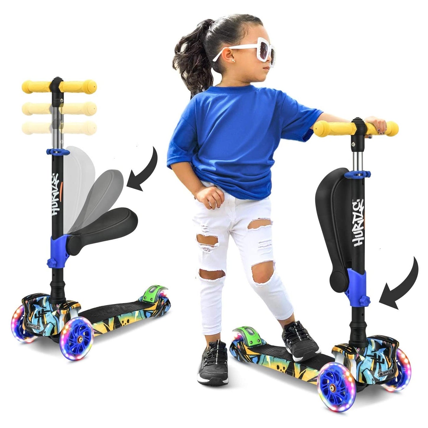 Hurtle ScootKid 3 Wheel Toddler Toy Scooter w/ LED Wheel Lights, Graffiti - VMInnovations