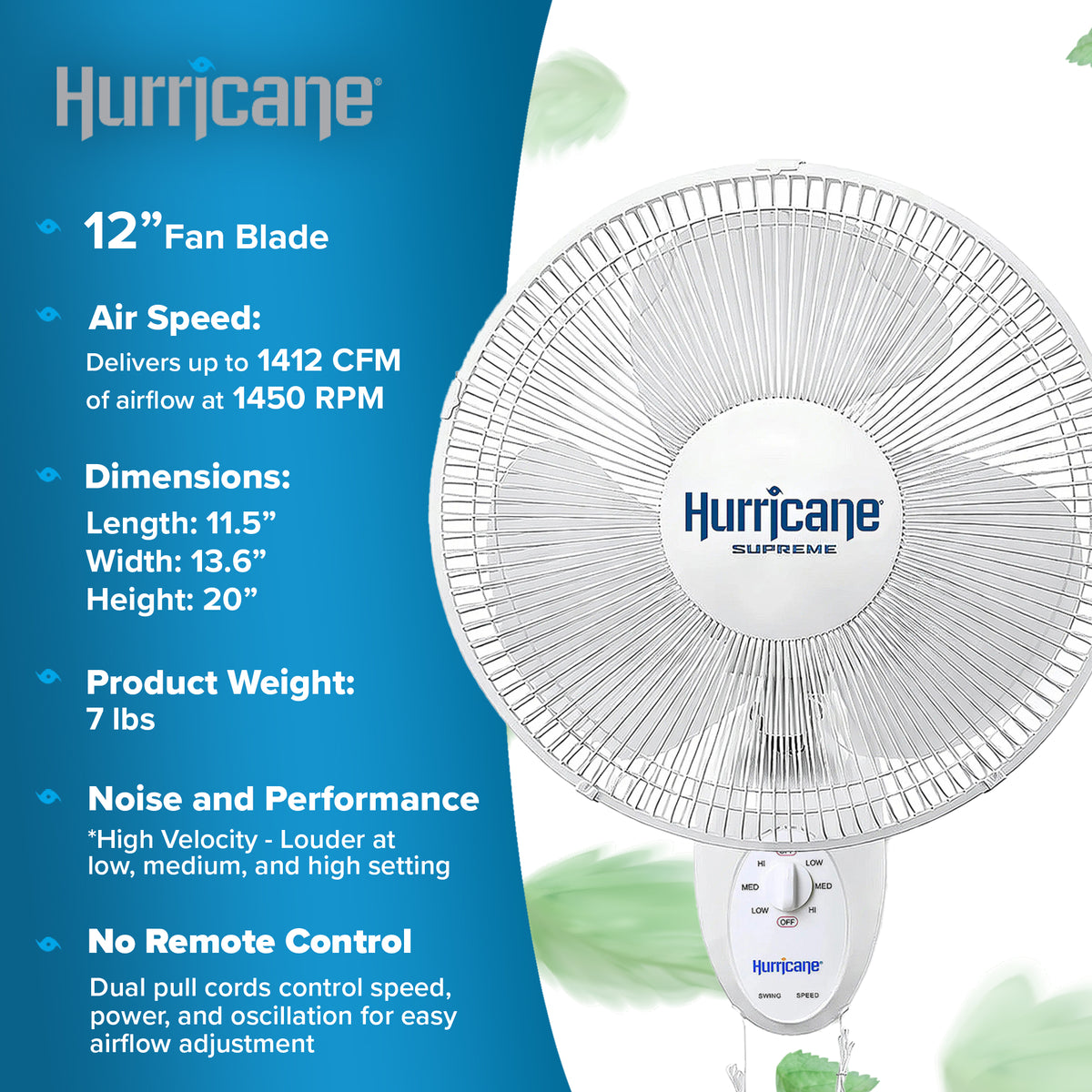 Hurricane Supreme 12" 90 Degree Oscillating 3 Speed Wall Mounted Fan,White(Used)