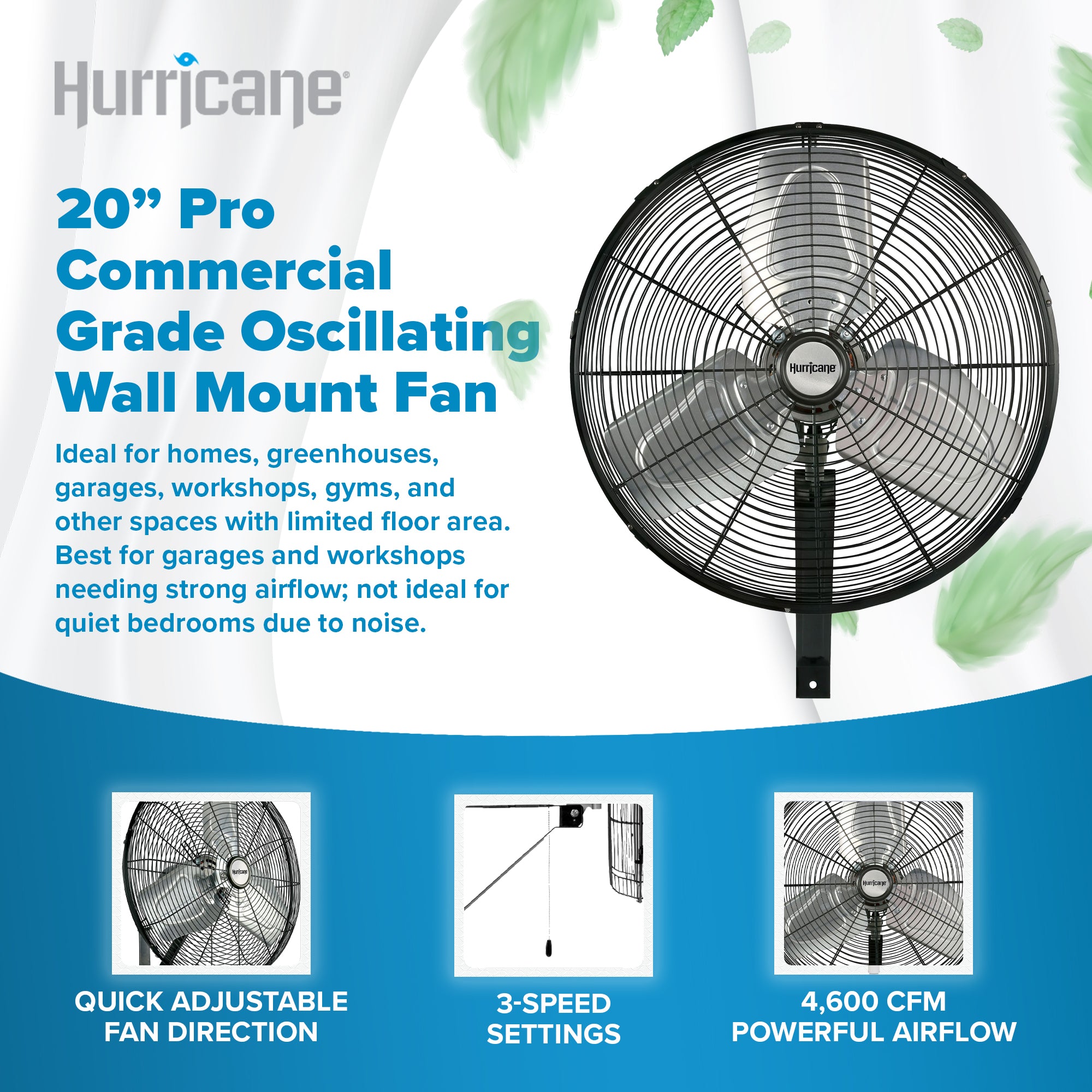 Hurricane 20 Inch Pro Commercial Grade Classic Oscillating Wall Mount Fan, Black