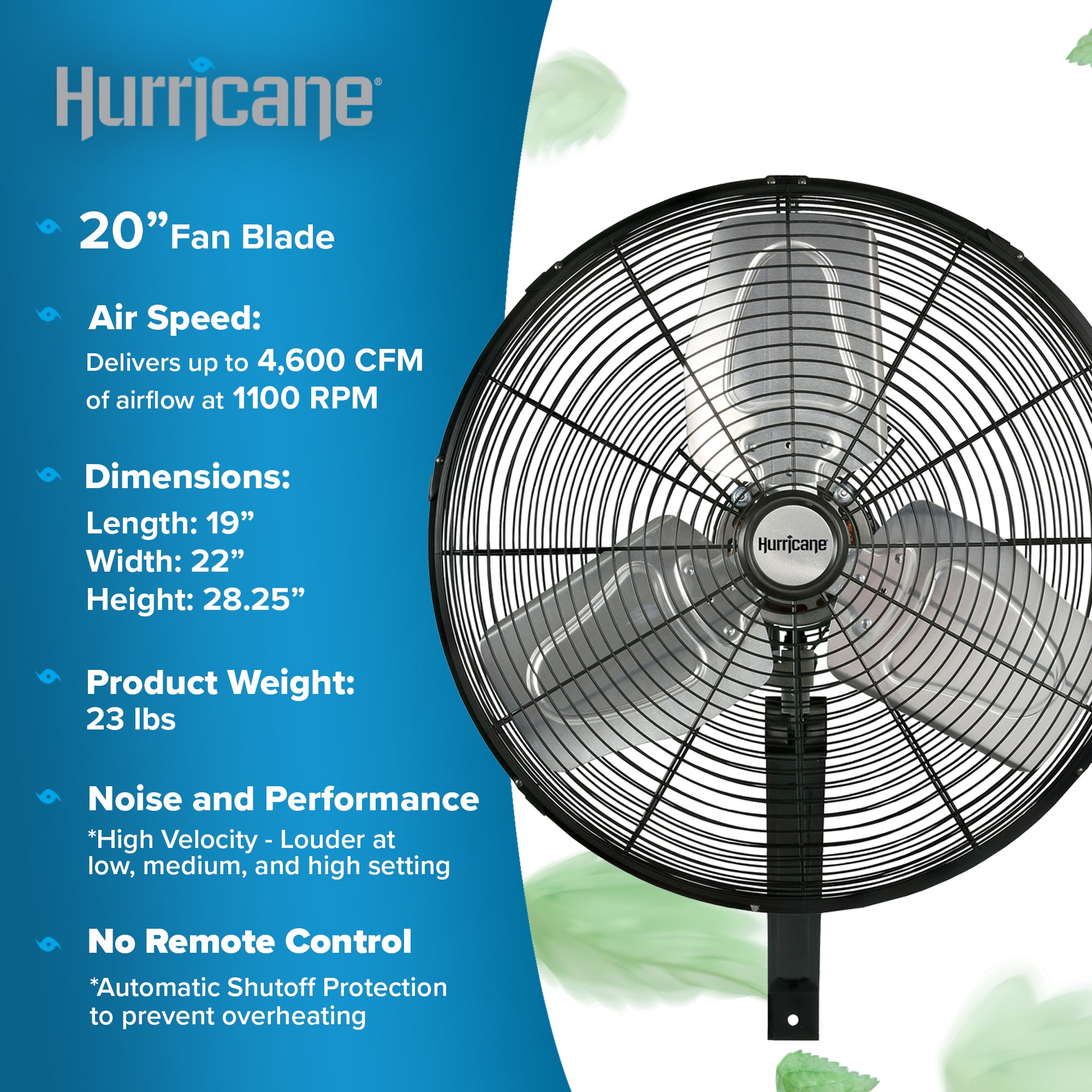 Hurricane 20 Inch Pro Commercial Grade Classic Oscillating Wall Mount Fan, Black