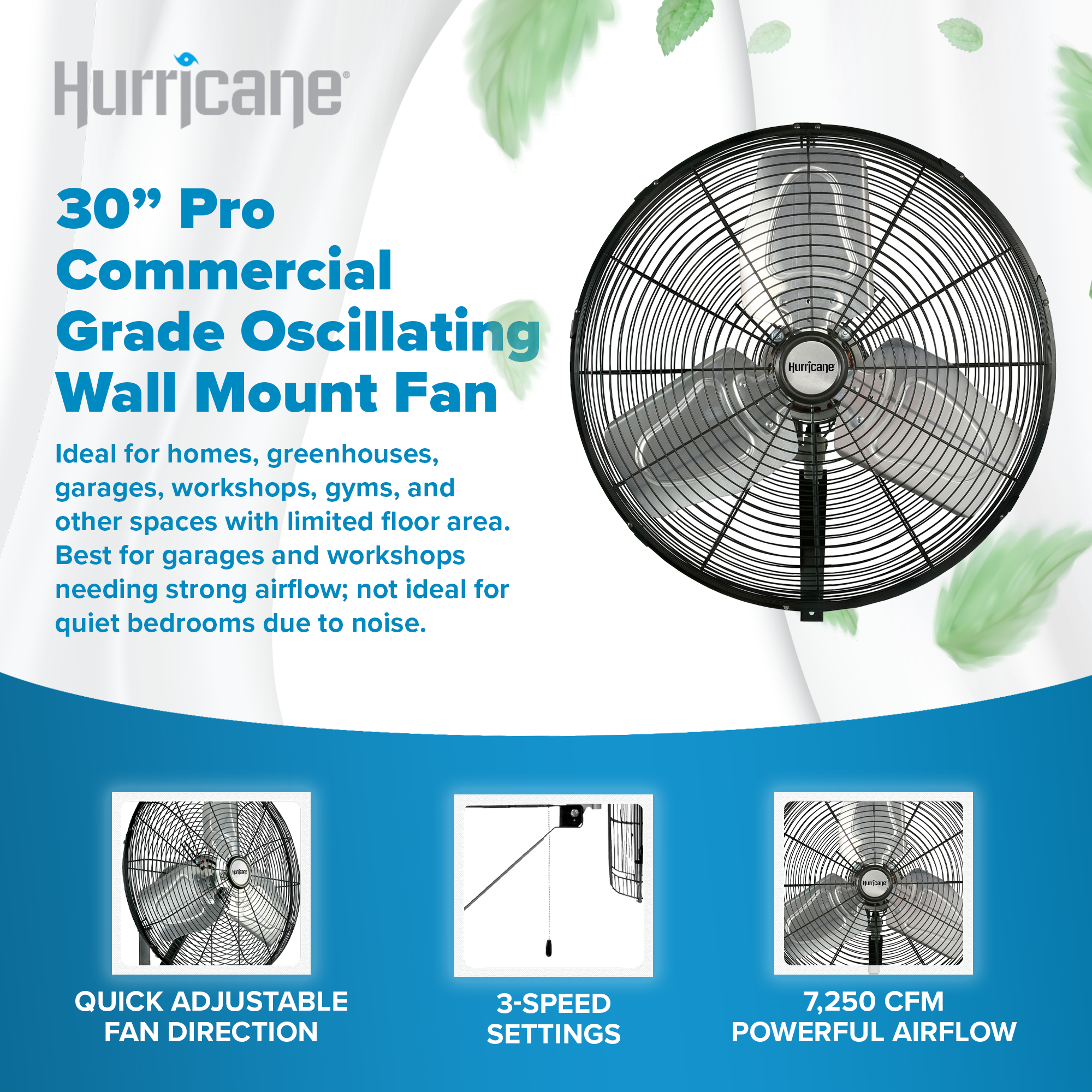 Hurricane 30 Inch Pro Commercial Grade Classic Oscillating Wall Mount Fan, Black
