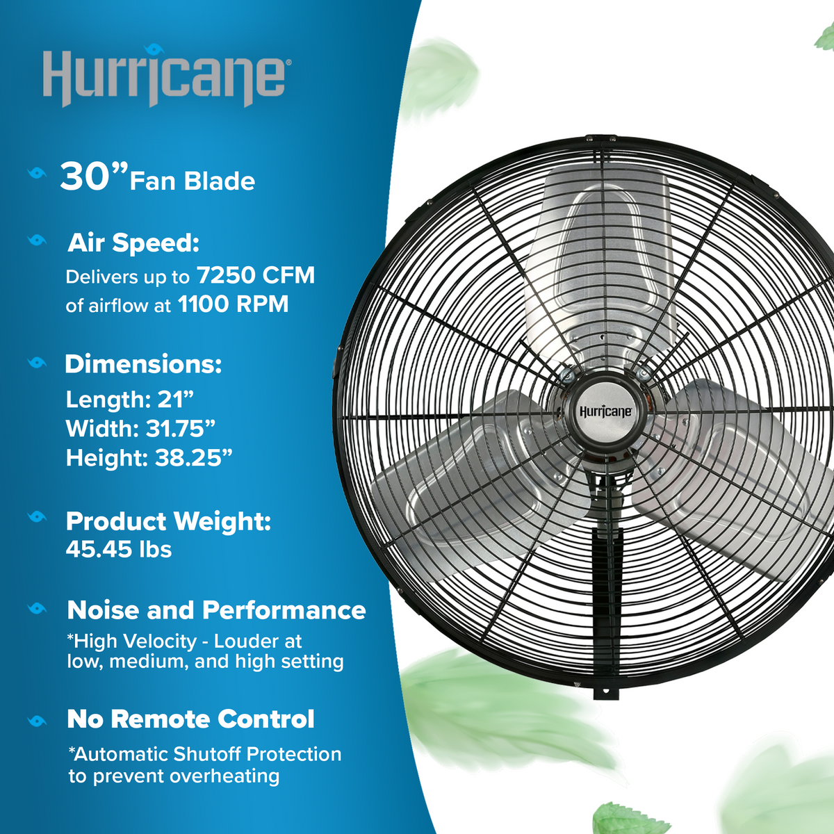 Hurricane 30" Pro Grade Classic Oscillating Wall Mount Fan, Black (Open Box)