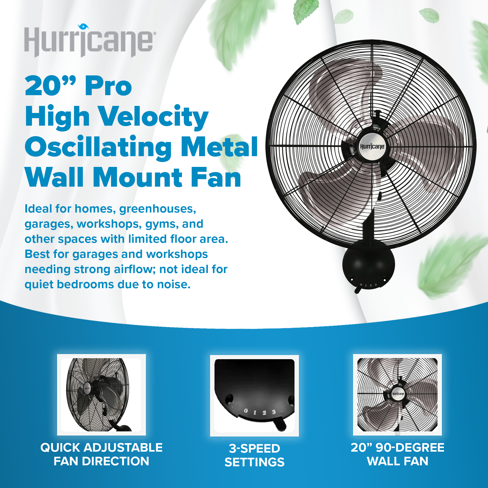 Hurricane 20 Inch Pro Series Metal Wall Mount Heavy Duty Hydroponics Fan, Black