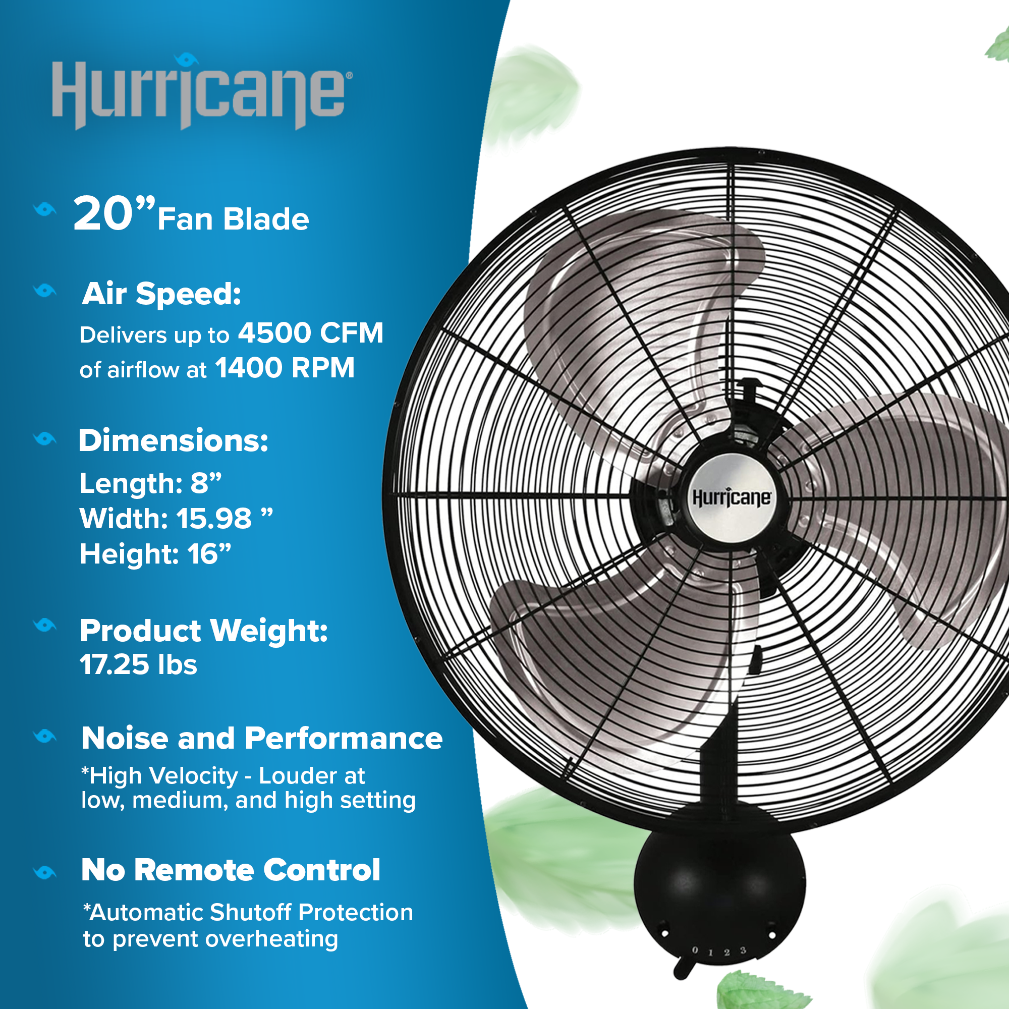 Hurricane 20 Inch Pro Series Metal Wall Mount Heavy Duty Hydroponics Fan, Black