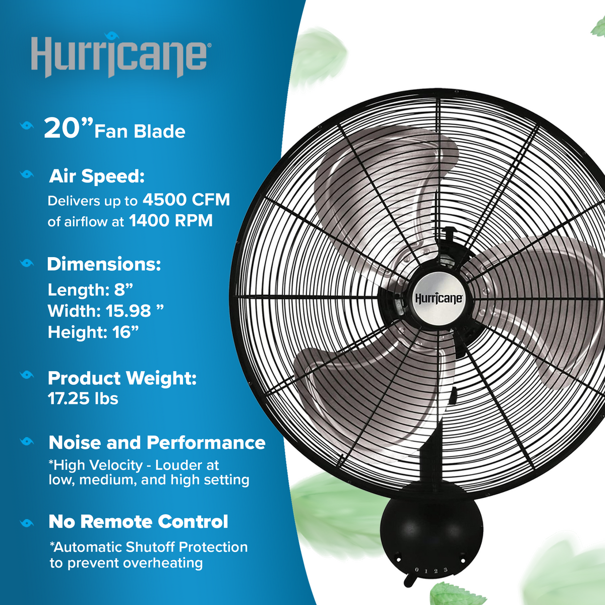 Hurricane 20 Inch Pro Series Metal Wall Mount Heavy Duty Hydroponics Fan, Black
