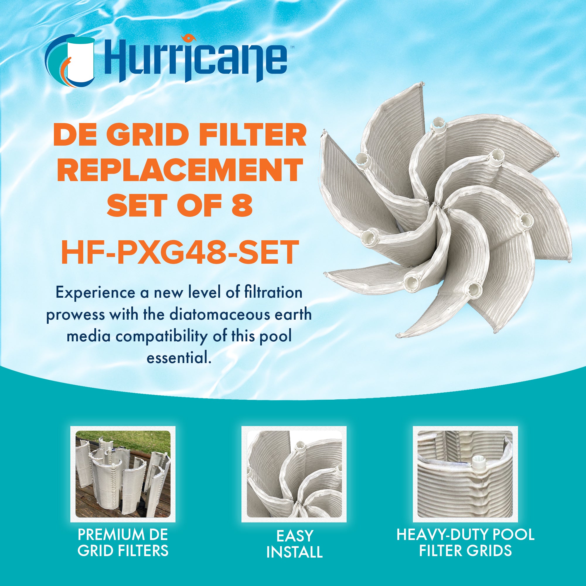 Hurricane Filters HF-PXG48-SET 48 Sq Ft DE Grid Filter Replacement, Set of 8
