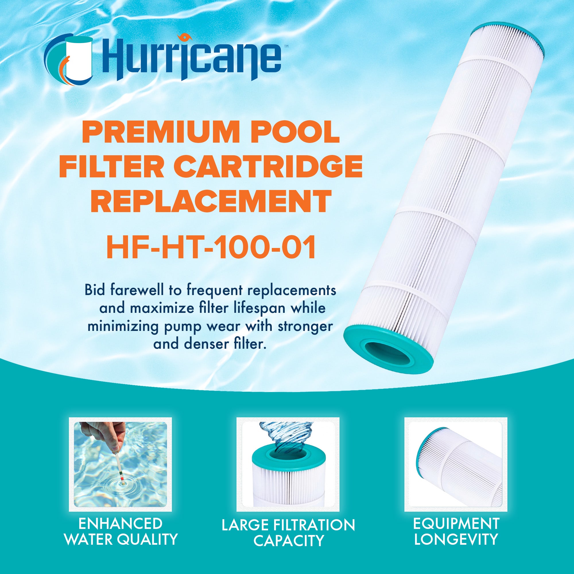 Hurricane HF-HT-100-01 Advanced Pool and Spa Filter Cartridge Replacement, White - VMInnovations