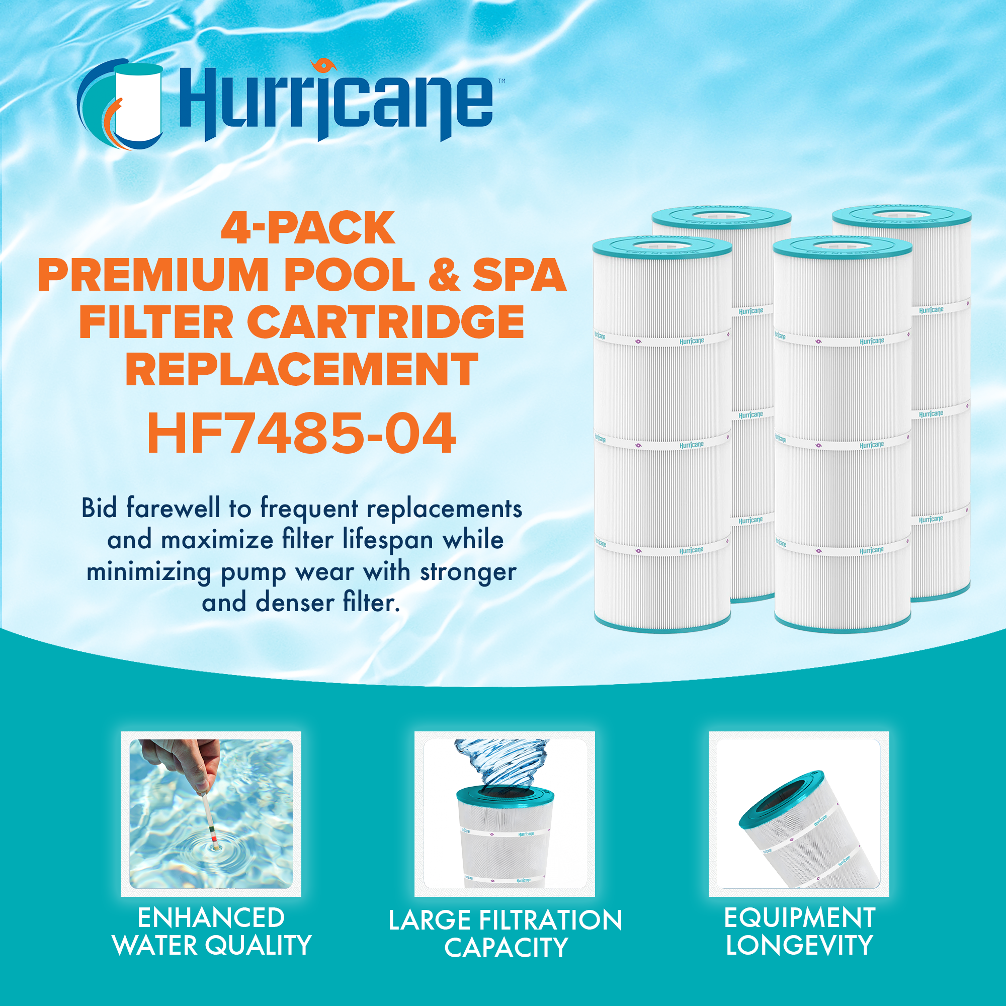 Hurricane HF7485-04 Premium Pool & Spa Filter Cartridge Replacement, 4 Pack - VMInnovations