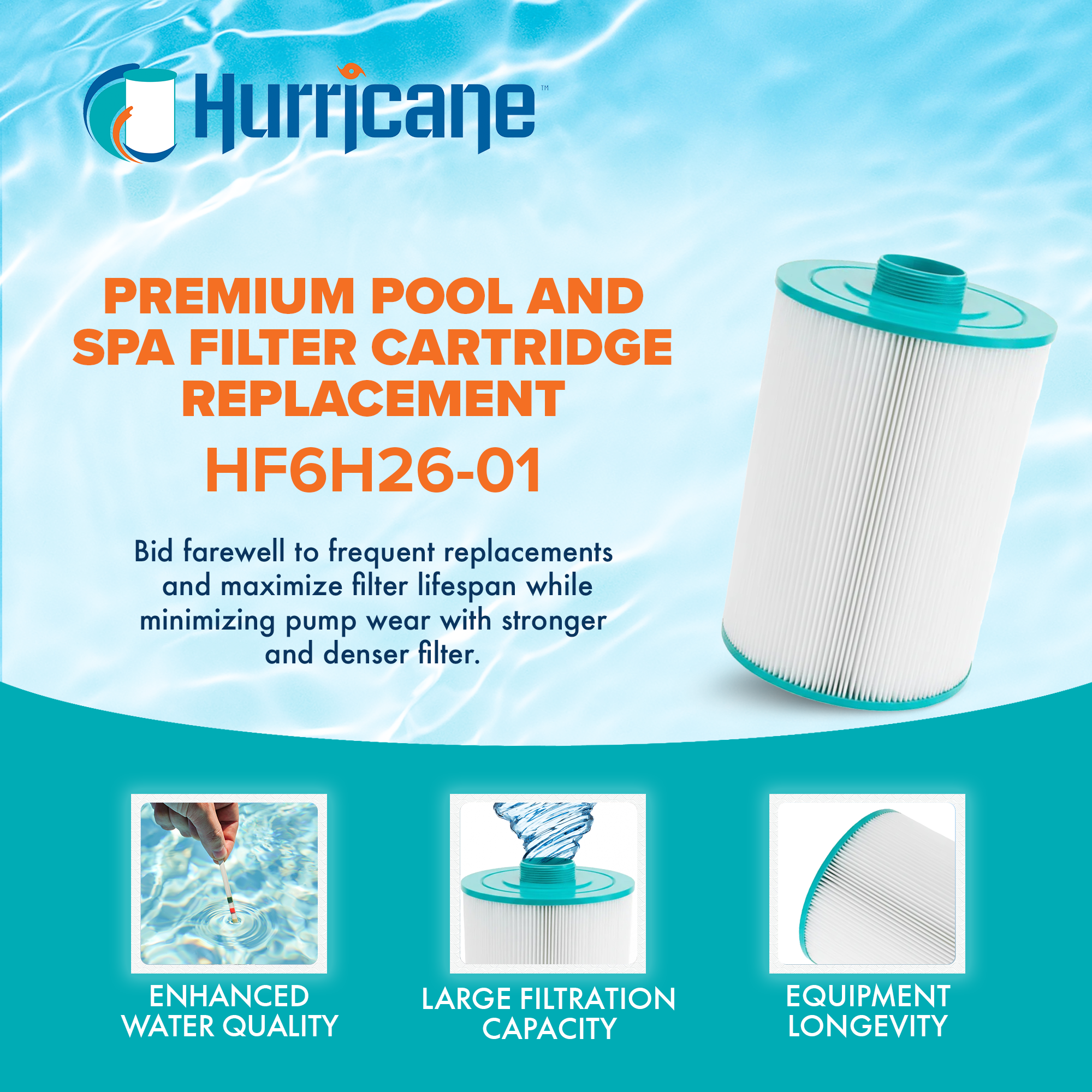 Hurricane HF6H26-01 Premium Pool and Spa Filter Cartridge Replacement, White - VMInnovations